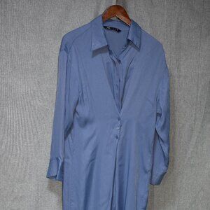 ZARA Blue Button-Down Midi Shirt Dress S